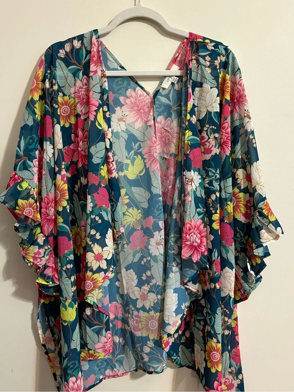 Umgee USA women's 1XL kimono green teal pink floral ruffle short sleeve shawl - Picture 2 of 10